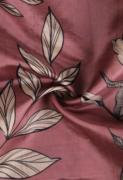 Crepe Pink Semi Raw Silk Printed with Bronze Zari Floral Patterns