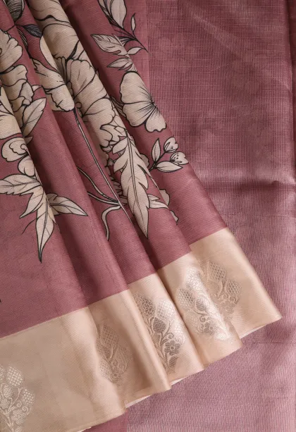 Crepe Pink Semi Raw Silk Printed with Bronze Zari Floral Patterns