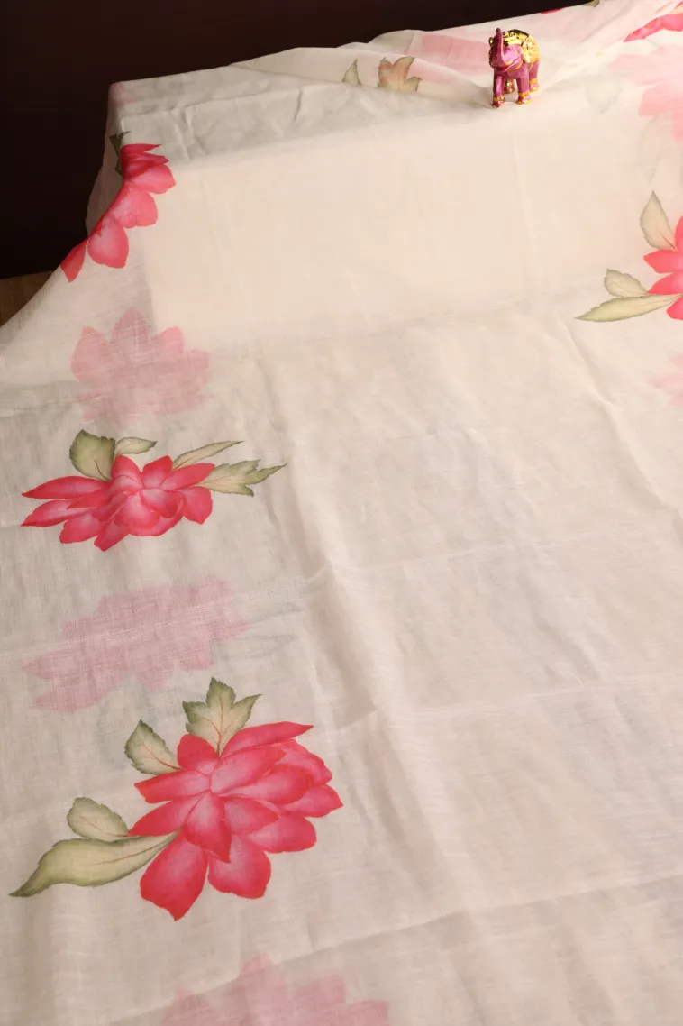 Cream White Linen Saree Without Zari With Flower Mottif view 2