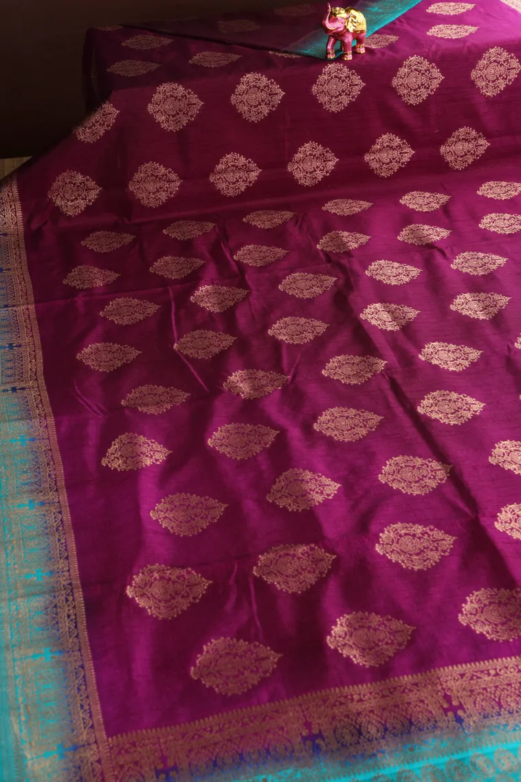 Magenta Purple Banaras Sarees with Gold Zari Puttas view 2