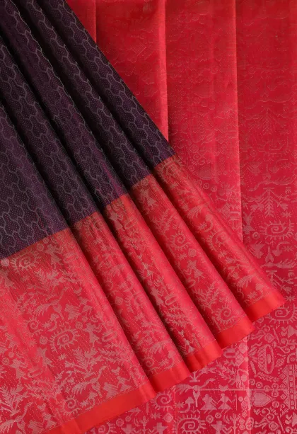 Mulberry Purple Soft Silk Saree with Silver Zari Geometric Shapes