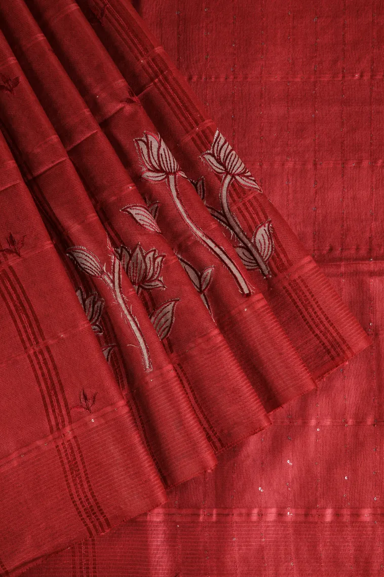Apple Red Semi Tussar Silk with Thread Zari Checks And Puttas