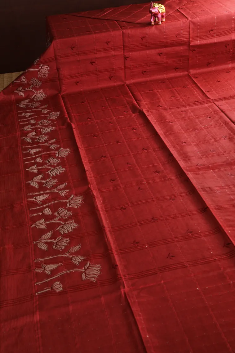 Apple Red Semi Tussar Silk with Thread Zari Checks And Puttas view 2
