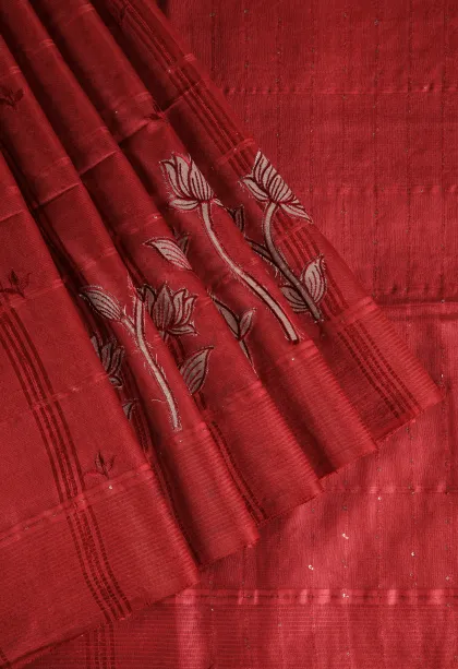Apple Red Semi Tussar Silk with Thread Zari Checks And Puttas