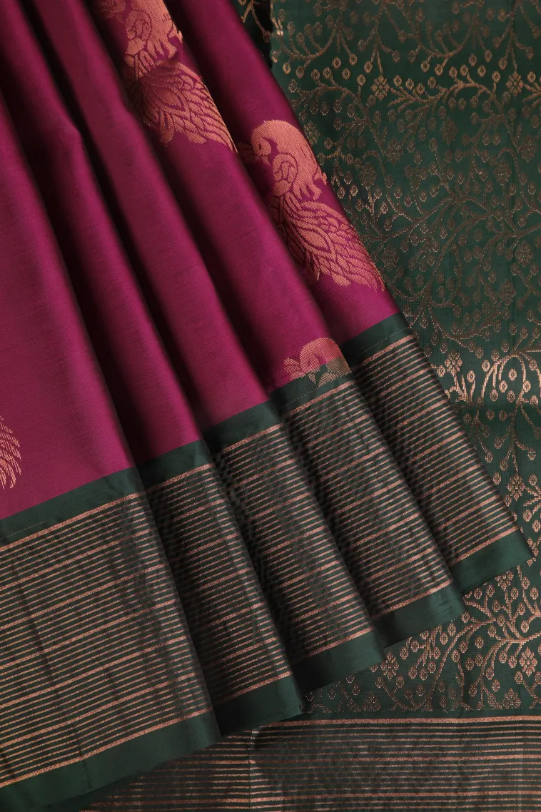 Magenta Purple Soft Silk Saree with Copper Zari Peacock Motifs