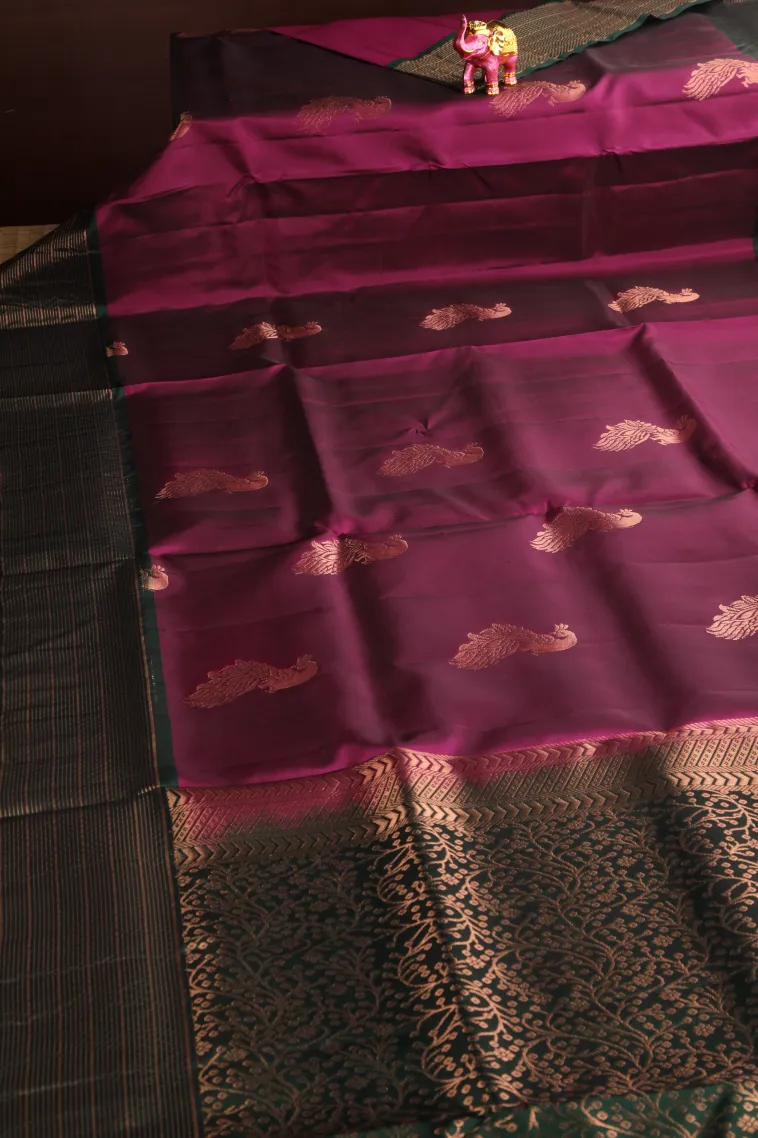 Magenta Purple Soft Silk Saree with Copper Zari Peacock Motifs view 2