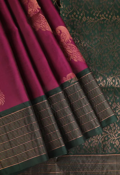 Magenta Purple Soft Silk Saree with Copper Zari Peacock Motifs