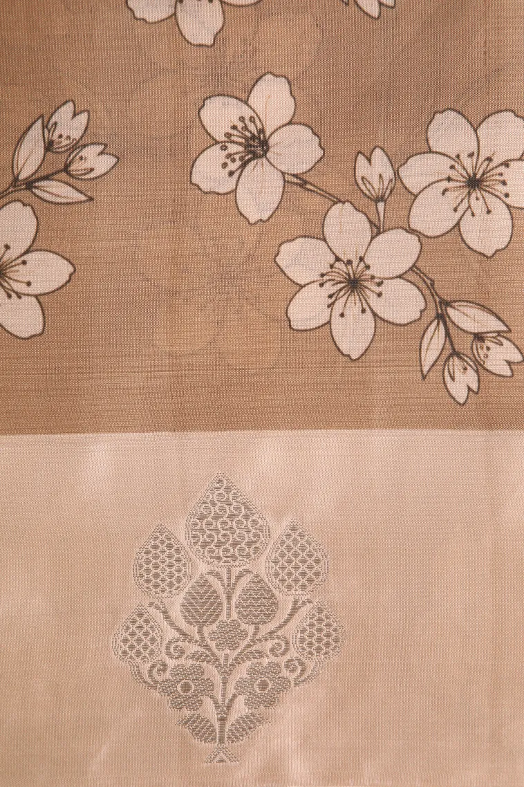 Peanut Brown Semi Raw Silk Printed with Bronze Zari Floral Patterns view 3