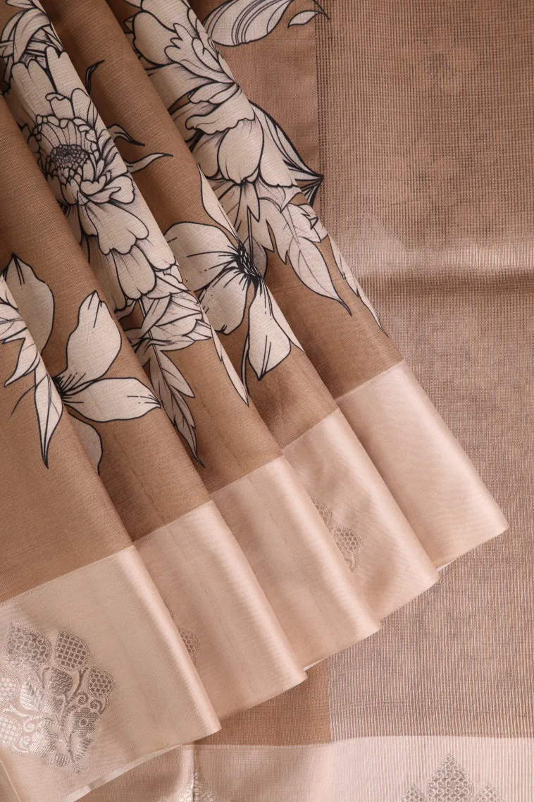 Peanut Brown Semi Raw Silk Printed with Bronze Zari Floral Patterns