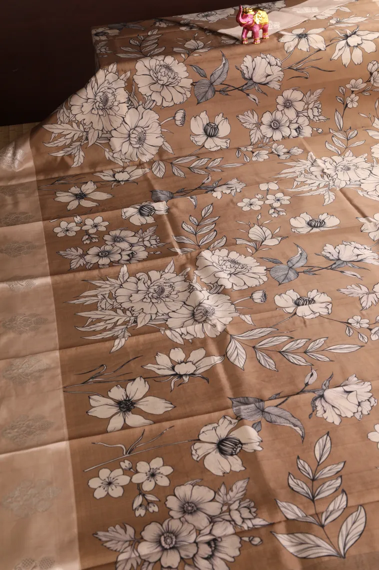 Peanut Brown Semi Raw Silk Printed with Bronze Zari Floral Patterns view 2