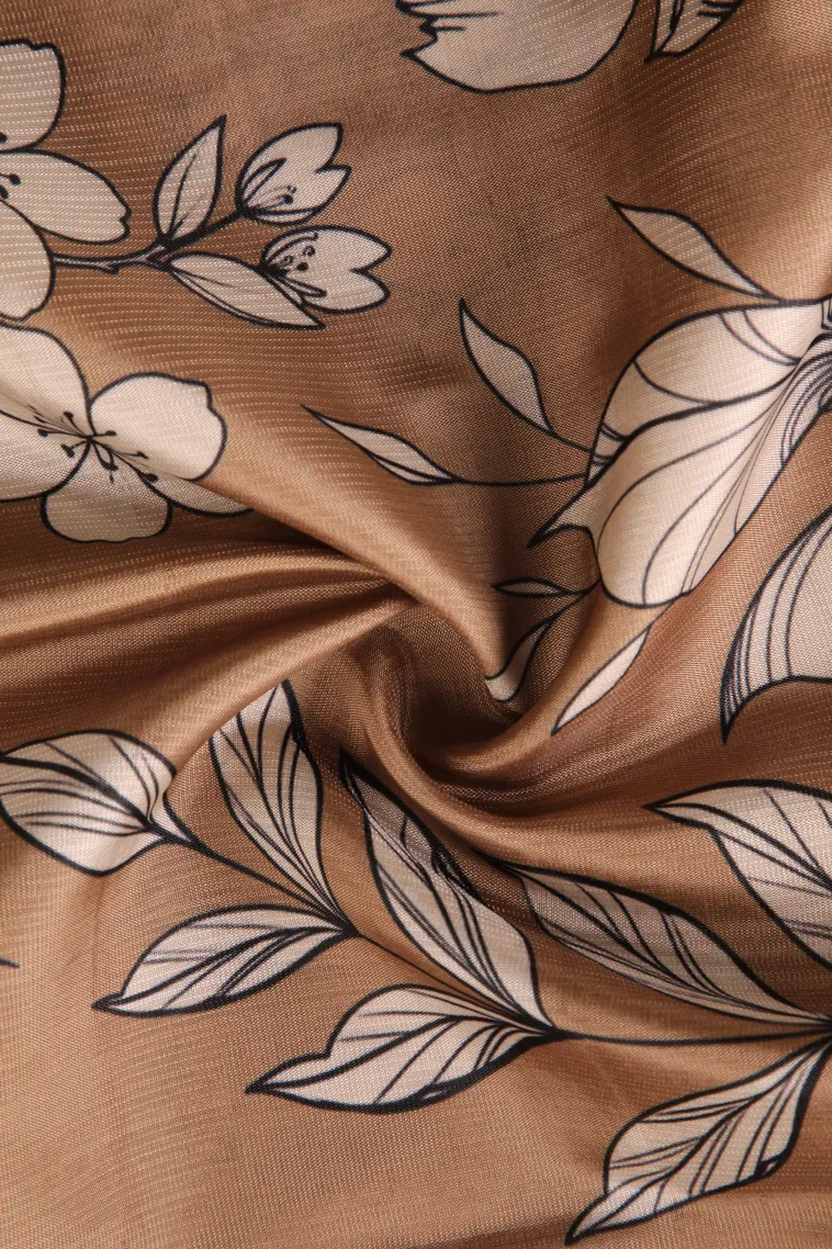 Peanut Brown Semi Raw Silk Printed with Bronze Zari Floral Patterns view 4