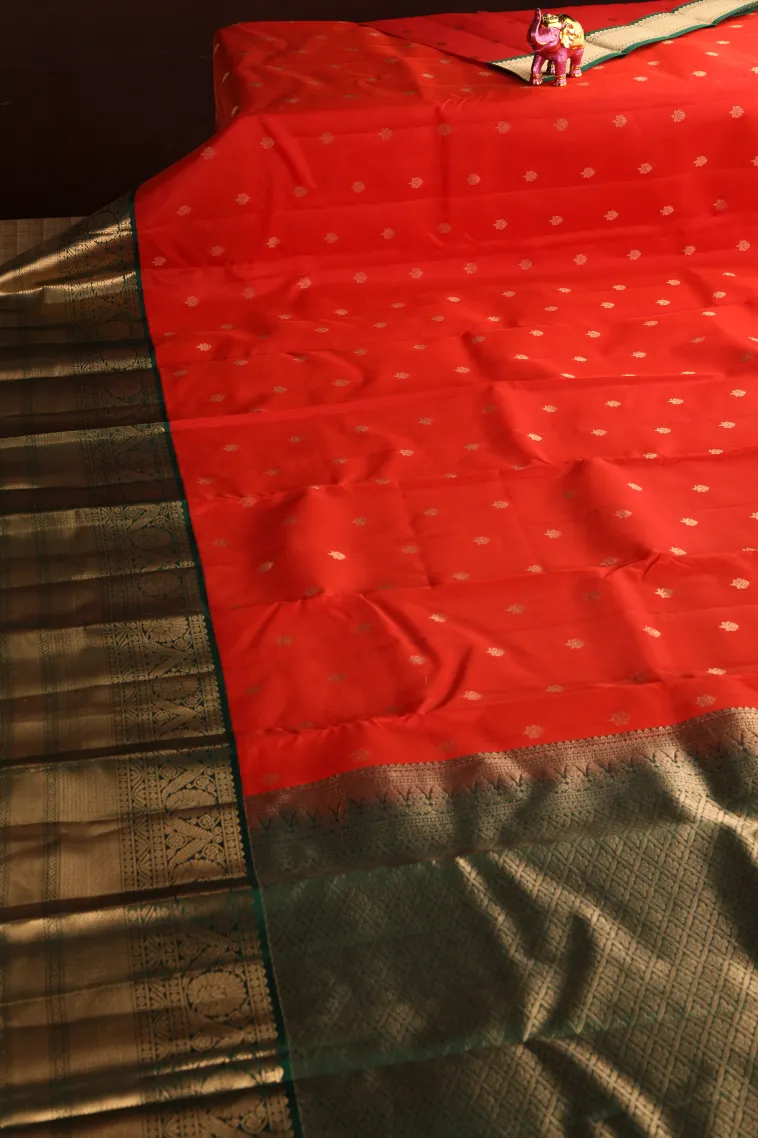 Rose Red Soft Silk Saree with Gold Zari Buttis (small Dots Or Motifs) view 2