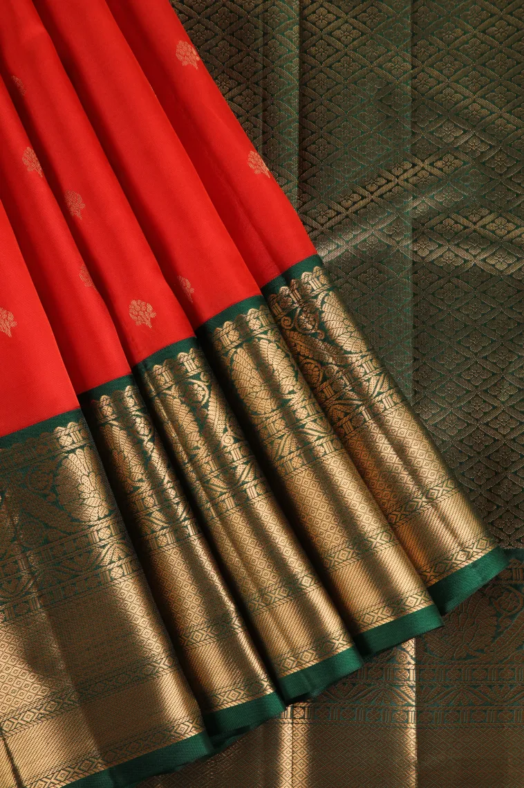 Rose Red Soft Silk Saree with Gold Zari Buttis (small Dots Or Motifs)