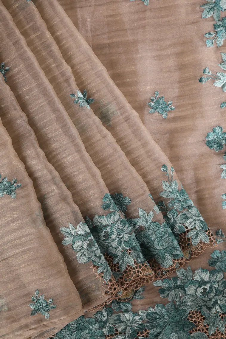 Salt White Organza Saree Without Zari With Floral Puttas