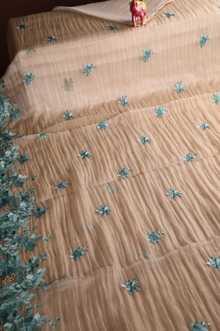 Salt White Organza Saree Without Zari With Floral Puttas view 2
