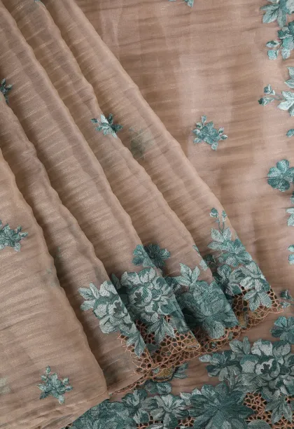 Salt White Organza Saree Without Zari With Floral Puttas