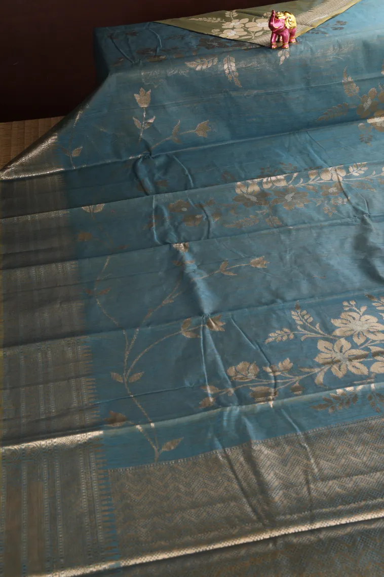 Cerulean Blue Semi Tussar Silk with Antic Zari Flower Mottif view 2