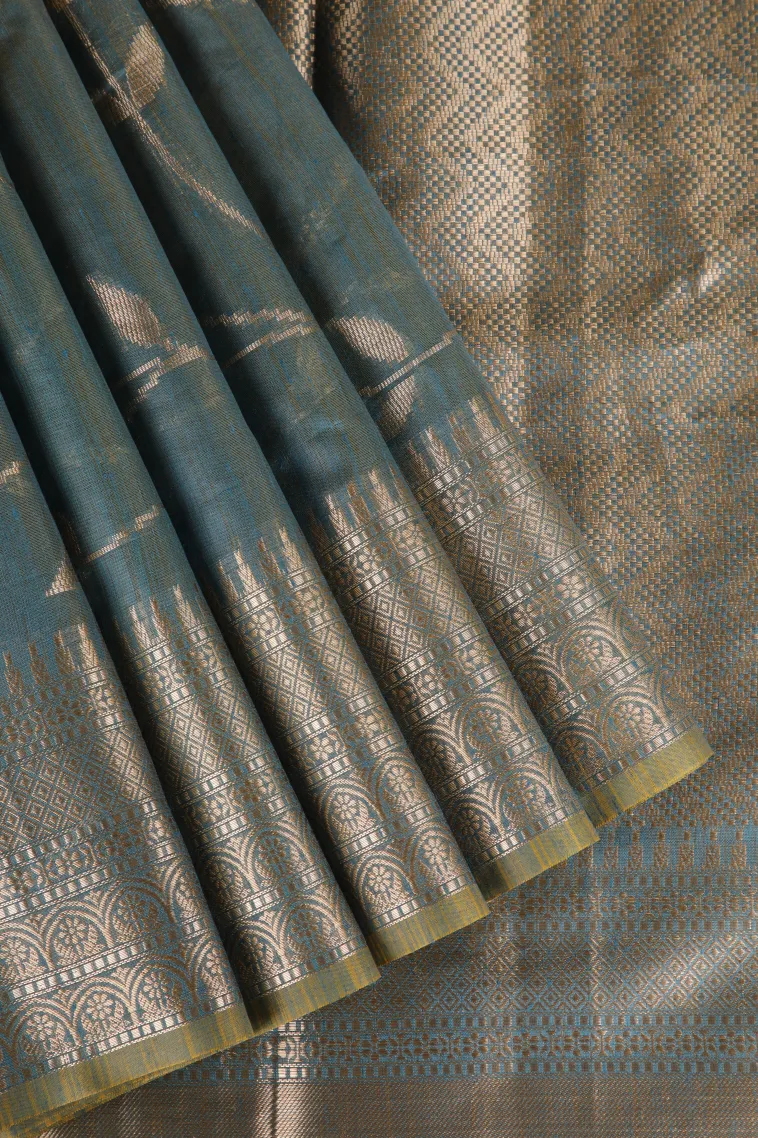 Cerulean Blue Semi Tussar Silk with Antic Zari Flower Mottif