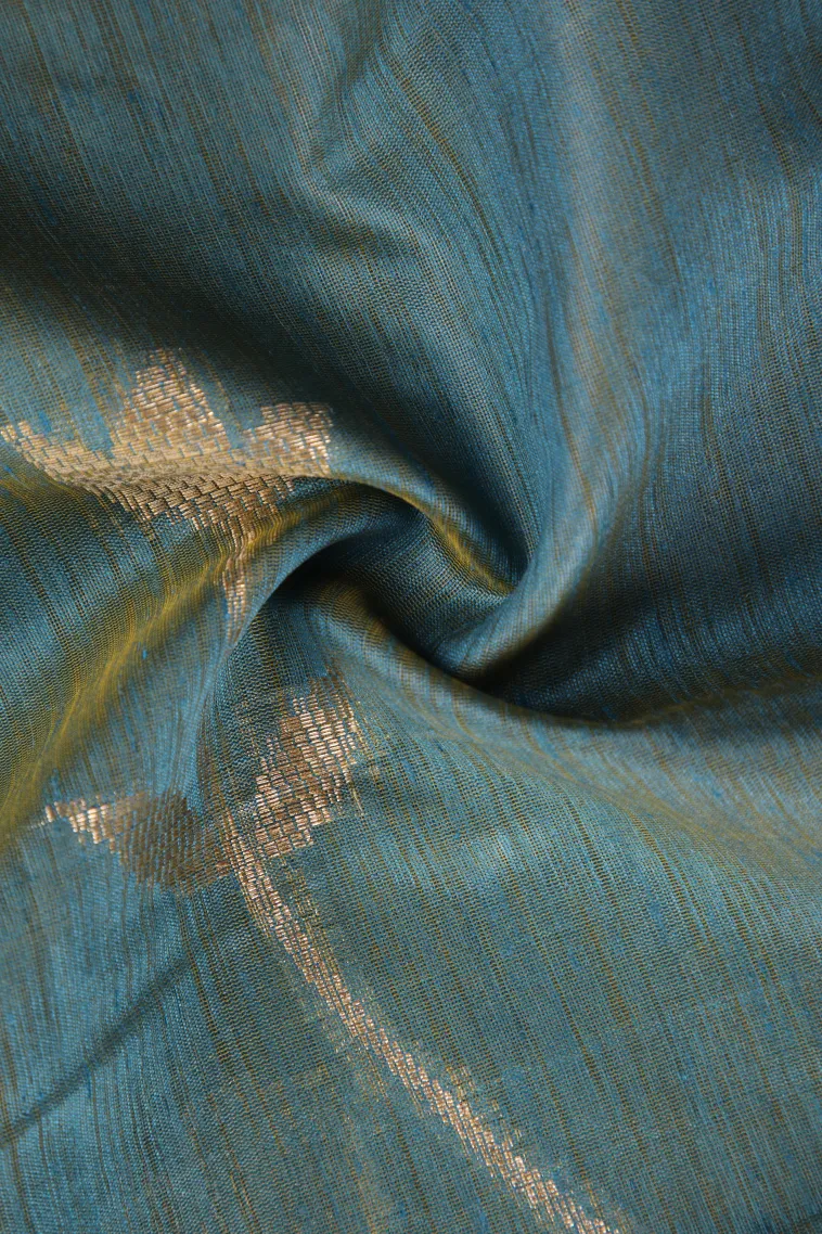 Cerulean Blue Semi Tussar Silk with Antic Zari Flower Mottif view 4