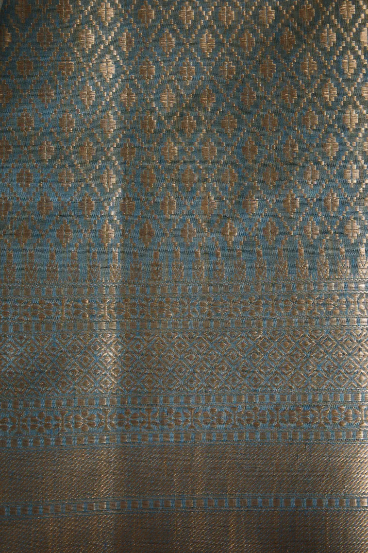Cerulean Blue Semi Tussar Silk with Antic Zari Flower Mottif view 3