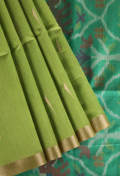 Olive Green Silk Cotton Sarees with Gold Zari Buttis (small Dots Or Motifs)