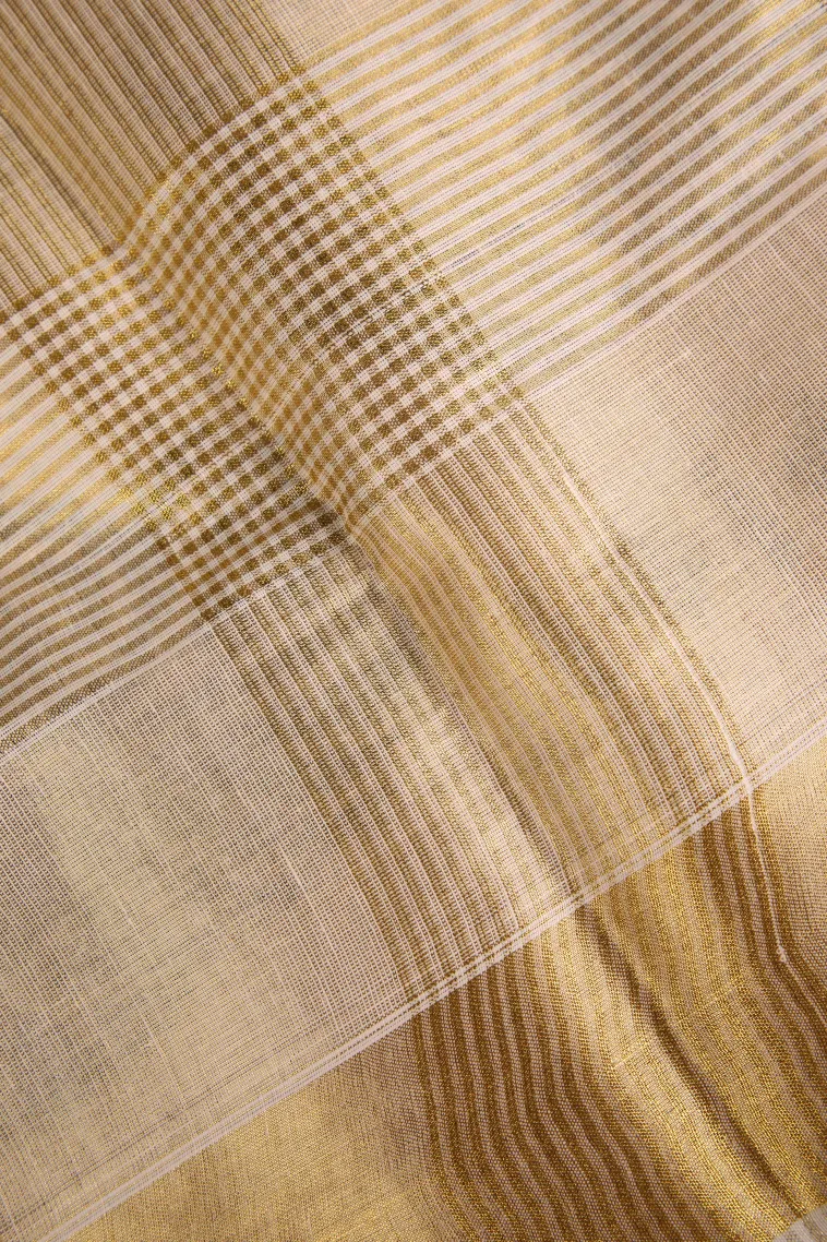 Cream White Kasavu Sarees with Gold Zari Checks And Puttas view 3