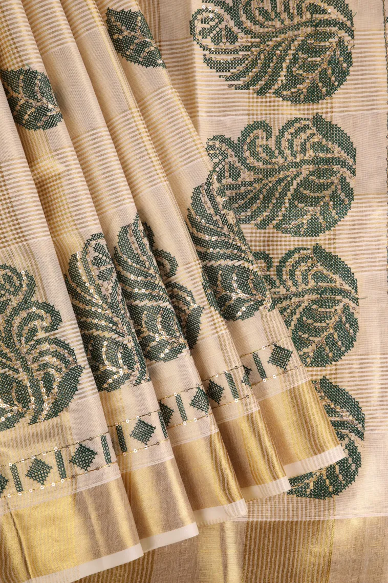 Cream White Kasavu Sarees with Gold Zari Checks And Puttas