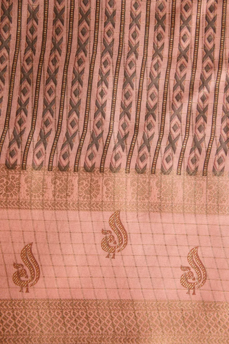 Olive Green Semi Tussar Silk with Gold Zari Small Checks Pattern view 3
