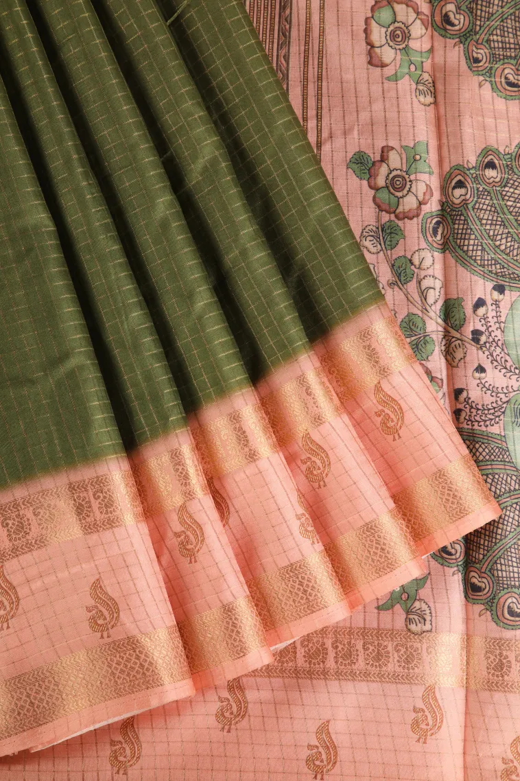 Olive Green Semi Tussar Silk with Gold Zari Small Checks Pattern