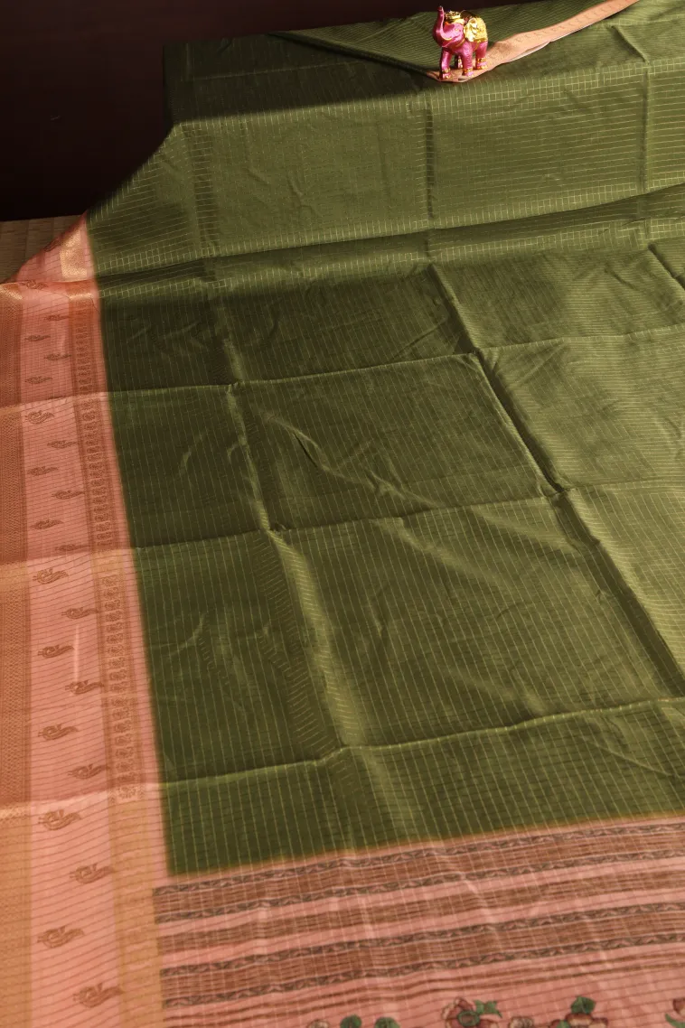 Olive Green Semi Tussar Silk with Gold Zari Small Checks Pattern view 2