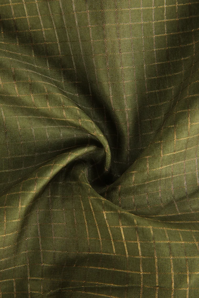 Olive Green Semi Tussar Silk with Gold Zari Small Checks Pattern view 4