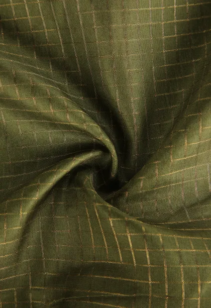 Olive Green Semi Tussar Silk with Gold Zari Small Checks Pattern