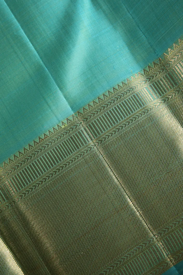 Teal Blue Kanchipuram Silk Sarees with Gold Zari Floral Patterns view 3