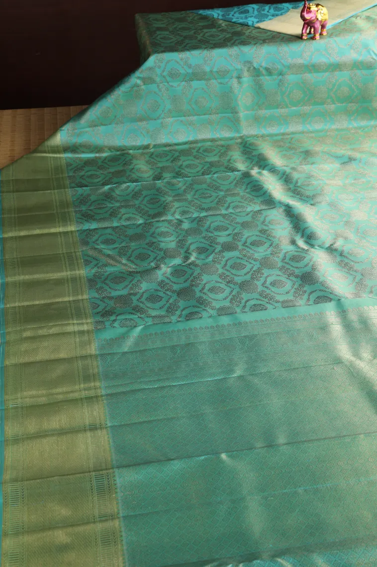 Teal Blue Kanchipuram Silk Sarees with Gold Zari Floral Patterns view 2
