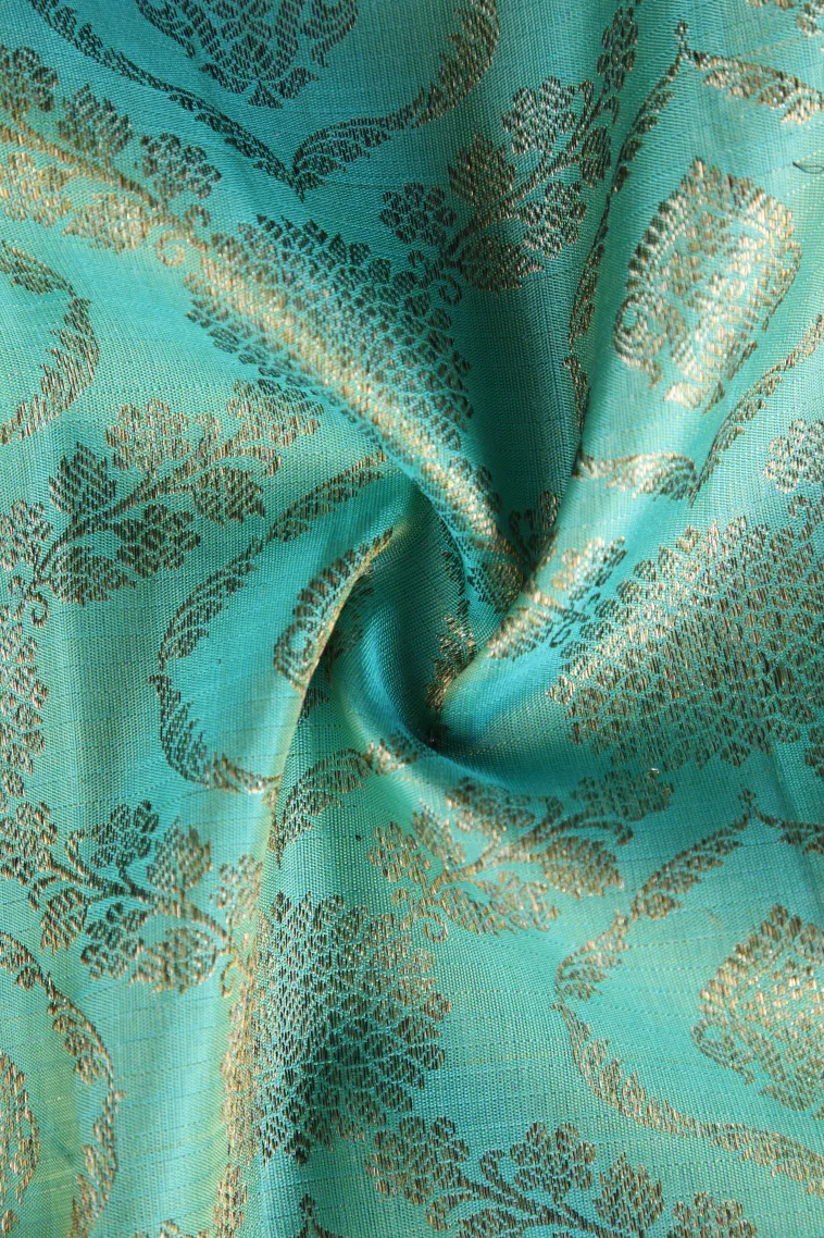 Teal Blue Kanchipuram Silk Sarees with Gold Zari Floral Patterns view 4