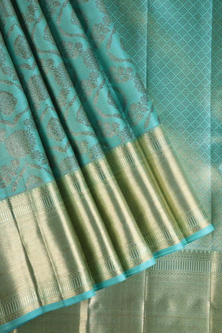 Teal Blue Kanchipuram Silk Sarees with Gold Zari Floral Patterns
