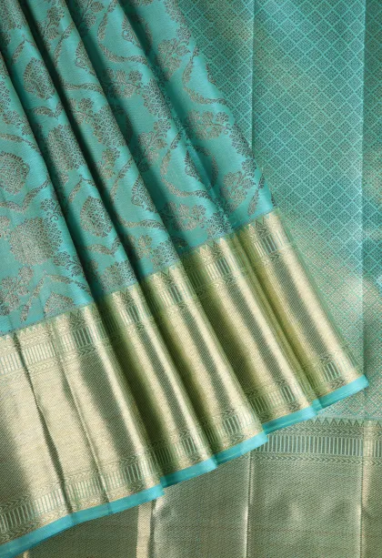 Teal Blue Kanchipuram Silk Sarees with Gold Zari Floral Patterns