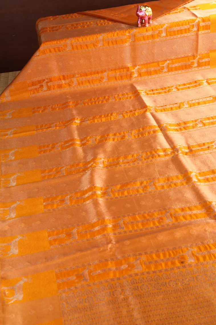 Carrot Orange Banaras Sarees with Gold Zari Animal Mottif view 2