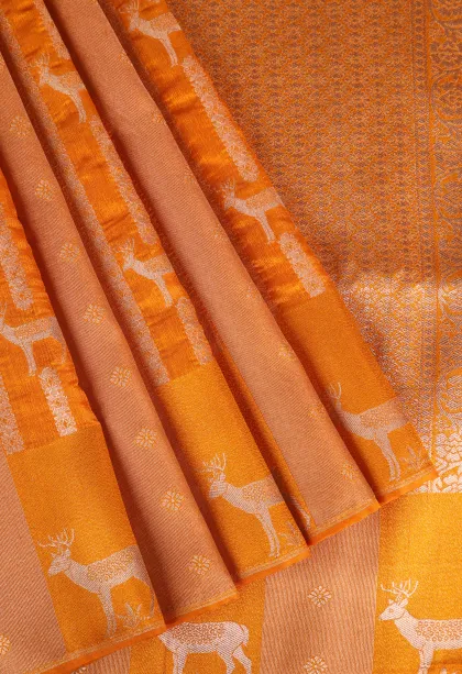 Carrot Orange Banaras Sarees with Gold Zari Animal Mottif
