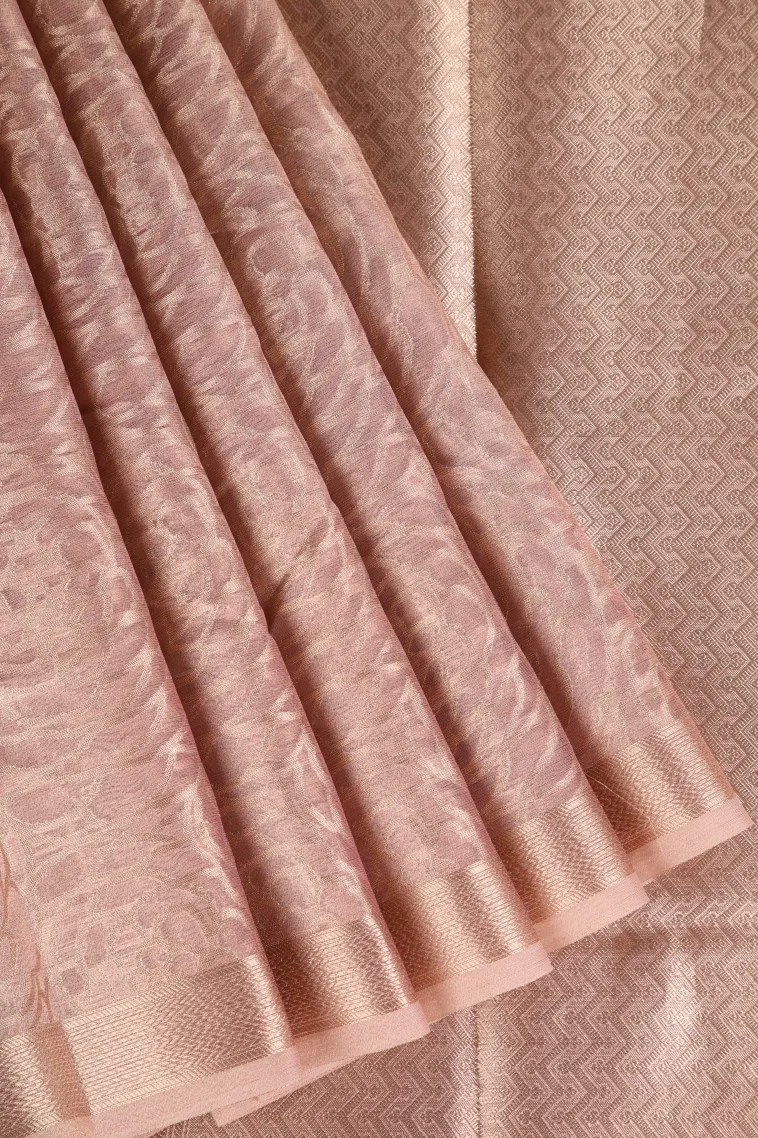 Rose Pink Organza Saree with Bronze Zari Floral Patterns view 1