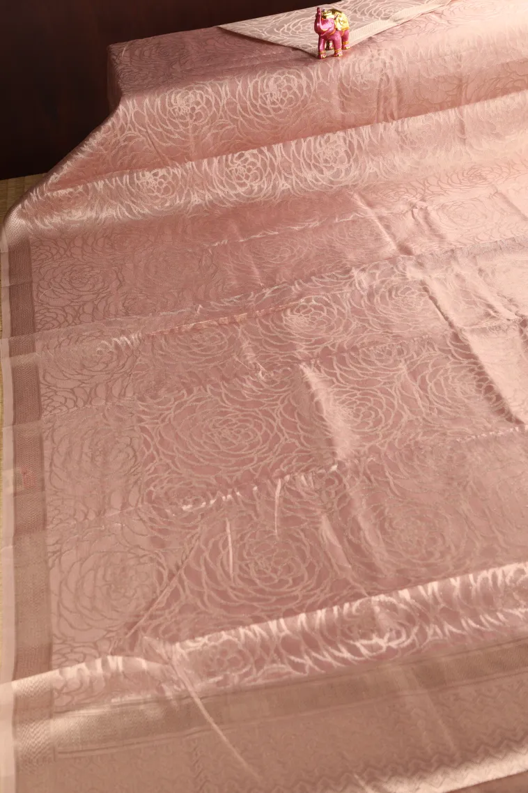 Rose Pink Organza Saree with Bronze Zari Floral Patterns view 2