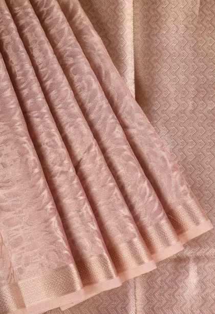 Rose Pink Organza Saree with Bronze Zari Floral Patterns