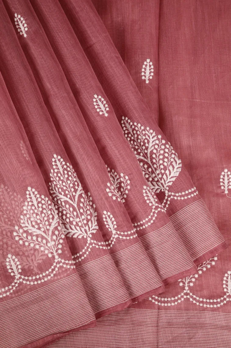 Rose Pink Manipuri Cotton Sarees Without Zari With Tree Mottif