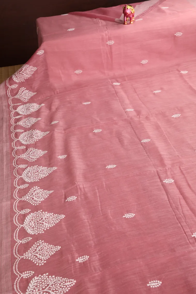 Rose Pink Manipuri Cotton Sarees Without Zari With Tree Mottif view 2