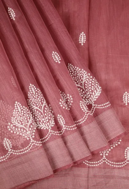 Rose Pink Manipuri Cotton Sarees Without Zari With Tree Mottif