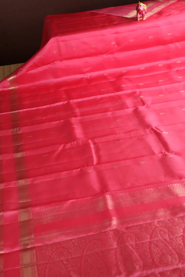 Punch Pink Soft Silk Saree with Gold Zari Mango Puttas view 2