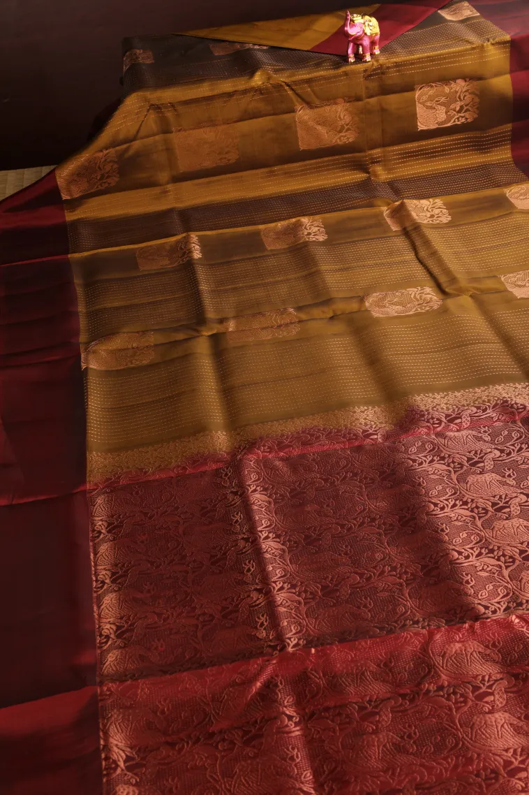Gold Soft Silk Saree with Copper Zari Straipes And Puttas view 2