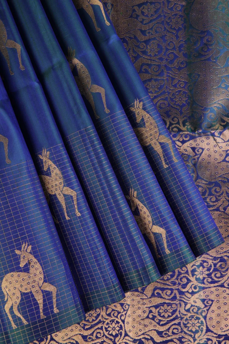 Azure Blue Soft Silk Saree with Gold Zari Animal Mottif view 1