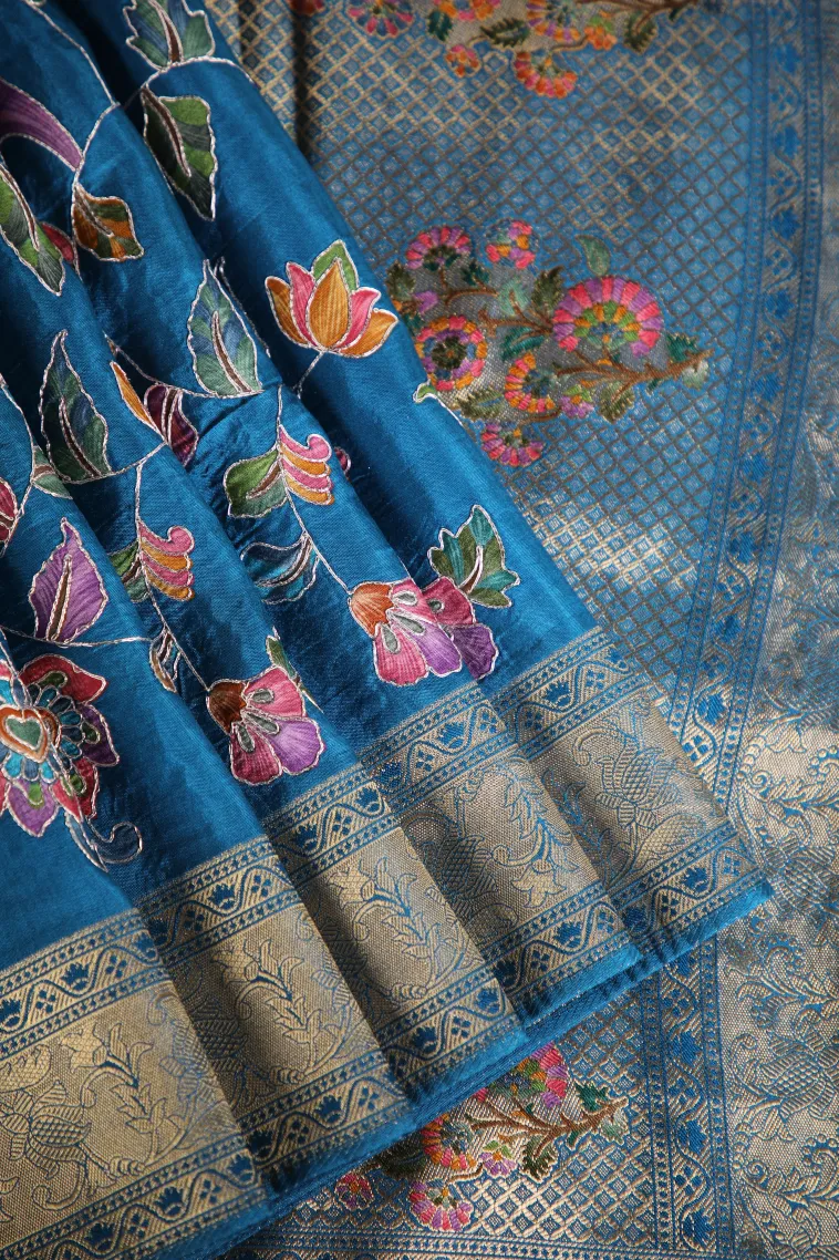Aegean Blue Banaras Sarees with Gold Zari Floral Patterns