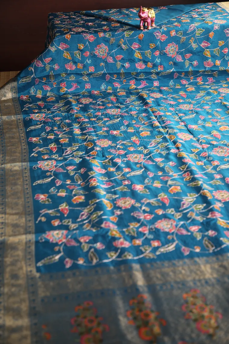 Aegean Blue Banaras Sarees with Gold Zari Floral Patterns view 2